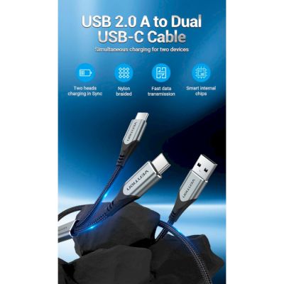   USB 2.0 AM to 2USB-C M 1.0m Y-Splitter Charging Cable 2.4 480Mbps Aluminum Al Vention (CQOHF) -  3