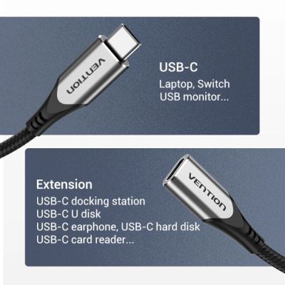   USB-C 3.1 M/F 1.0m 60W (20V/3A) 4K60HZ Thunderbolt 3 Vention (TABHF) -  2