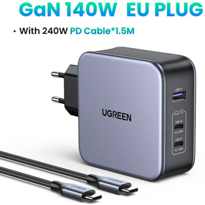   Ugreen 3xUSB 140W (2USB-C+USB-A) Gan CD289 with C to C Cable 1.5m (90549) -  3