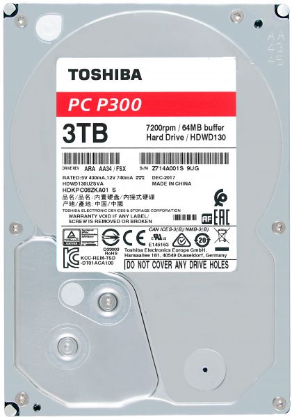  HDD SATA 3.0TB Toshiba P300 7200rpm 64MB (HDWD130UZSVA) -  1