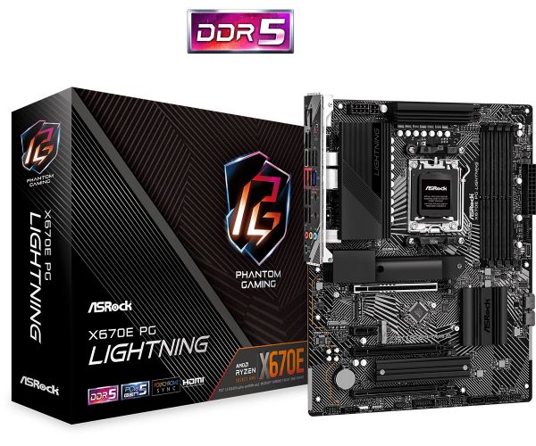   AM5 ASRock X670E PG Lightning, X670, 4xDDR5, Int.Video (CPU), 4xSATA3, 3xM.2, 1xPCI-E 5.0 16x, 2xPCI-E 4.0 16x, 1xPCI-E 4.0 1x, 1xM.2 (Key E), ALC897, RTL8125BG, 10xUSB3.2/6xUSB2.0, HDMI/DP, CrossFire, ATX -  1