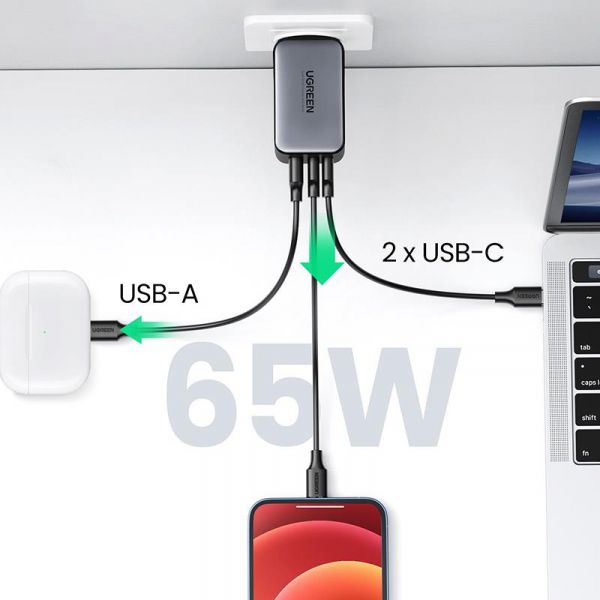   Ugreen 3xUSB 65W GaN (2USB-C+USB-A) CD244 Grey (10335) -  4