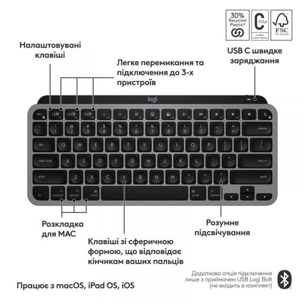   Logitech MX Keys Mini for Mac Minimalist Wireless Illuminated Space Gray (920-012652) -  6