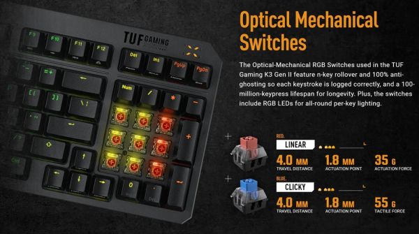  Asus TUF Gaming K3 Gen II Opti-Mech RGB 97key Switches ABS Black (90MP0390-BKMA00) -  6