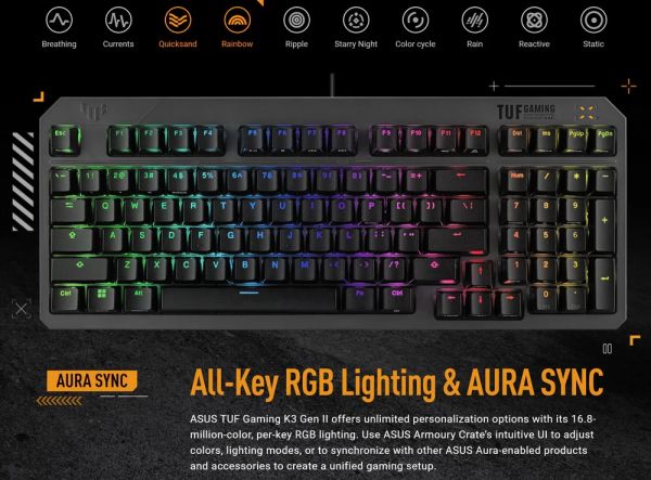  Asus TUF Gaming K3 Gen II Opti-Mech RGB 97key Switches ABS Black (90MP0390-BKMA00) -  9