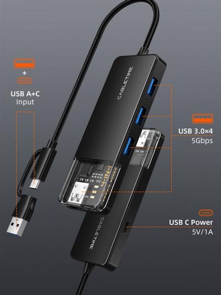  Cabletime USB C/A - 4 Port USB 3.0, 5Gbps, 0.15 m (CB05B) -  2