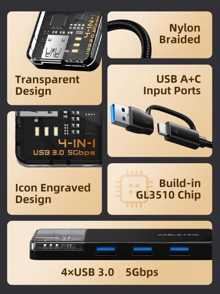  Cabletime USB C/A - 4 Port USB 3.0, 5Gbps, 0.15 m (CB05B) -  3