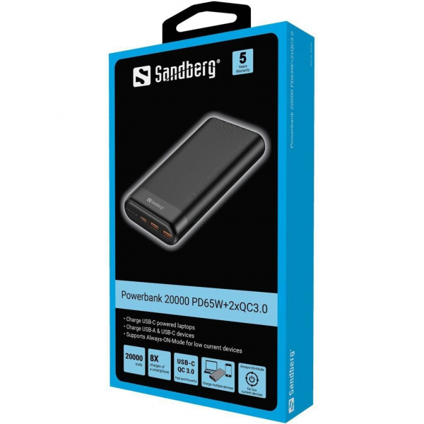    Sandberg Powerbank 20000mAh PD 65W Black (420-62) -  4