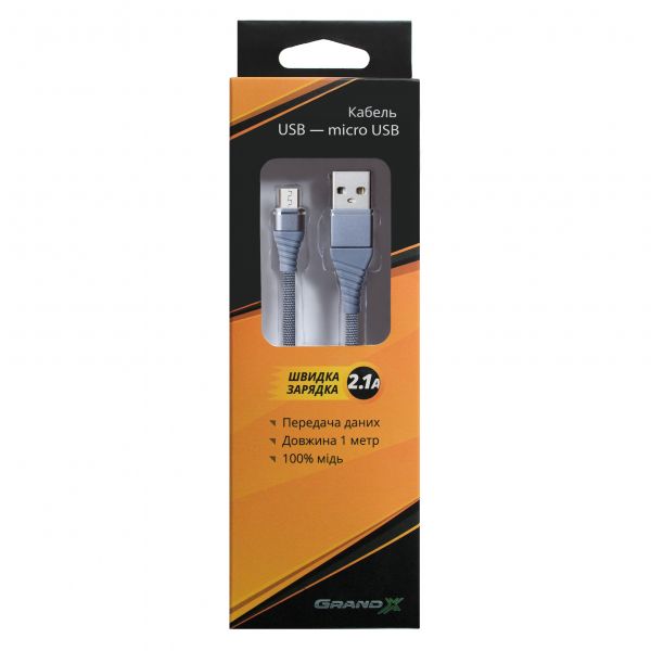  Grand-X USB-microUSB, Cu, 2.1A, 1.2 Grey (NM012GR) -  2