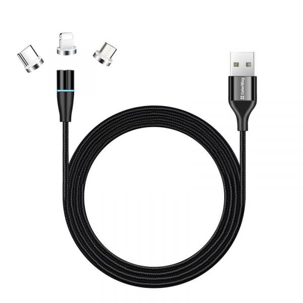   USB 2.0 AM to Lightning + Micro 5P + Type-C 1.0m Magnetic ColorWay (CW-CBUU038-BK) -  1