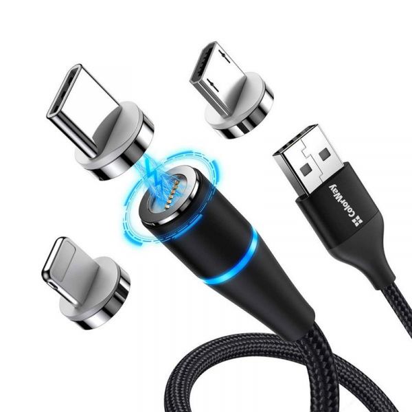   USB 2.0 AM to Lightning + Micro 5P + Type-C 1.0m Magnetic ColorWay (CW-CBUU038-BK) -  2
