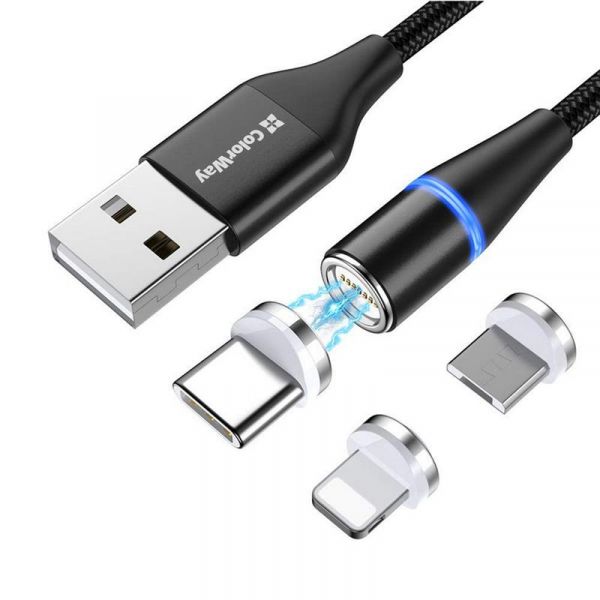   USB 2.0 AM to Lightning + Micro 5P + Type-C 1.0m Magnetic ColorWay (CW-CBUU038-BK) -  3