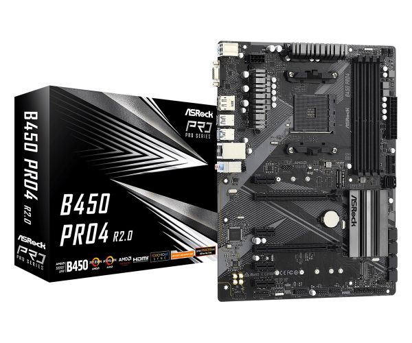 . AM4 (B450) AsRock B450 Pro4 R2.0, B450, 4xDDR4, CrossFire, Int.Video(CPU), 6xSATA3, 2xM.2, 2xPCI-E 16x 3.0, 4xPCI-E 1x 2.0, ALC897, RTL8111H, 6xUSB3.2/6xUSB2.0, VGA/HDMI/DP, ATX -  1