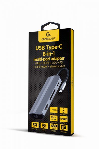    USB-C 8--1 (USB  3.0/HDMI//VGA/PD//-) Cablexpert A-CM-COMBO8-02 -  3