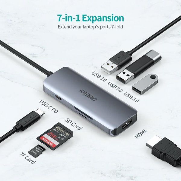   USB-C 7--1 (HDMI/PD//USB-A / USB-C),  Choetech HUB-M19-GY -  4