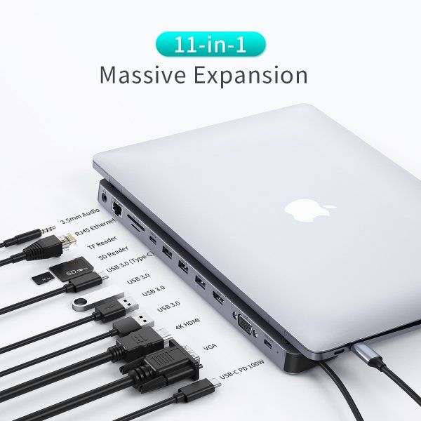   USB-C 11--1 (HDMI/VGA/LAN//USB-A/USB-C/Audio),  Choetech HUB-M20-GY -  4