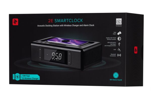  - 2E SmartClock Wireless Charging, Alarm Clock, Bluetooth, FM, USB, AUX Black 2E-AS01QIBK -  9