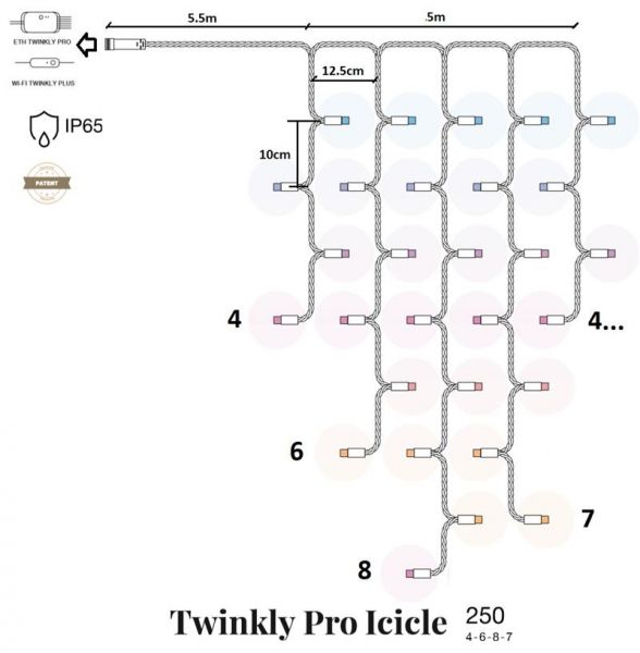 Smart LED  Twinkly Pro Icicle AWW 250, AWG22, IP65,   TW-PLC-I-CA-250GOP-T -  1