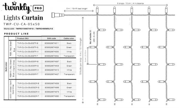 Smart LED  Twinkly Pro Curtain RGBW 250, AWG22, IP65,  TWP-CU-CA-05X50SPP-B -  5