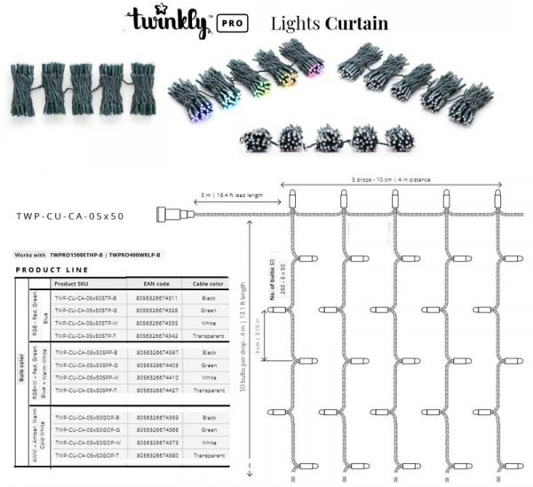 Smart LED  Twinkly Pro Curtain RGB 250, AWG22, IP65,  TWP-CU-CA-05X50STP-G -  5