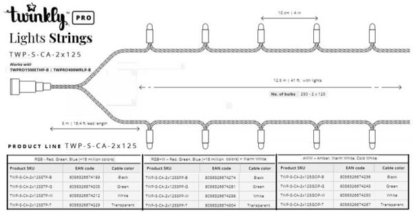 Smart LED  Twinkly Pro Strings RGBW 250,   , AWG22, IP65,  TWP-S-CA-2X125SPP-B -  5