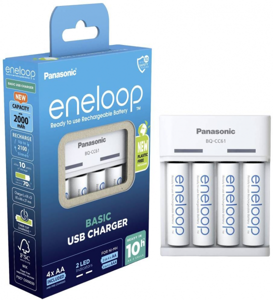   Panasonic Basic Charger BQ-CC61 USB + Eneloop 4xAA 2000 mAh plastic free pack -  1