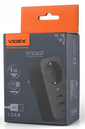    Videx "Omcord", Black, 1x220V (16A), 2xUSB (5V, 2.4A), 1xType-C (5V, 2.4A), IP20 (VF-AD1G2U1C-B) -  1