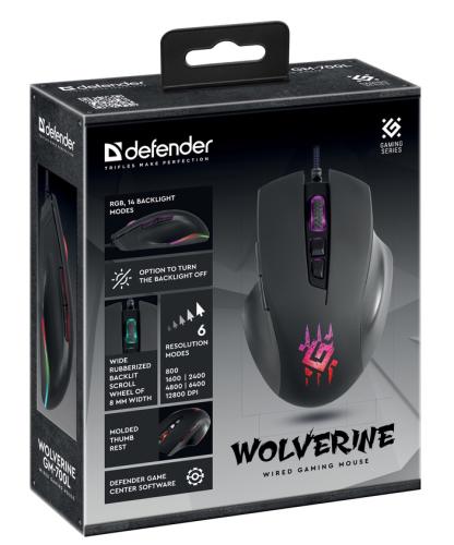  Defender Wolverine GM-700L, Black, USB, , 800-6400 dpi, 60 IPS, 6  , RGB  (14 ), 1.7  (52700) -  6