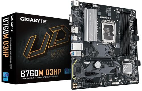   LGA1700, Gigabyte B760M D3HP, B760, 4xDDR5, Int.Video(CPU), 4xSATA3, 2xM.2, 1xPCI-E 4.0 x16, 2xPCI-E 3.0 x1, Realtek 7.1, Realtek GbE, 6xUSB3.2/6xUSB2.0, VGA/HDMI/DP, MicroATX -  1