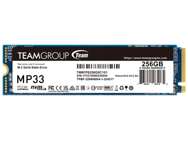   SSD 256Gb, Team MP33, PCI-E 3.0 x4, M.2 2280, 3D TLC, 1600/1000 / (TM8FP6256G0C101) -  1