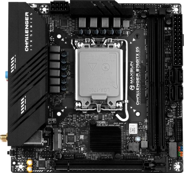 . LGA1700, Maxsun Terminator B760ITX D5, B760, 2xDDR5, Int.Video(CPU), 4xSATA3, 1xPCI-E 16x 5.0, 2xM.2 4.0, Dual LAN 2.5G+1G, ALC897, 4xUSB3.2/4xUSB2.0, 2xDP/2xHDMI, Mini-ITX (MS-Challenger B760ITX D5) -  2