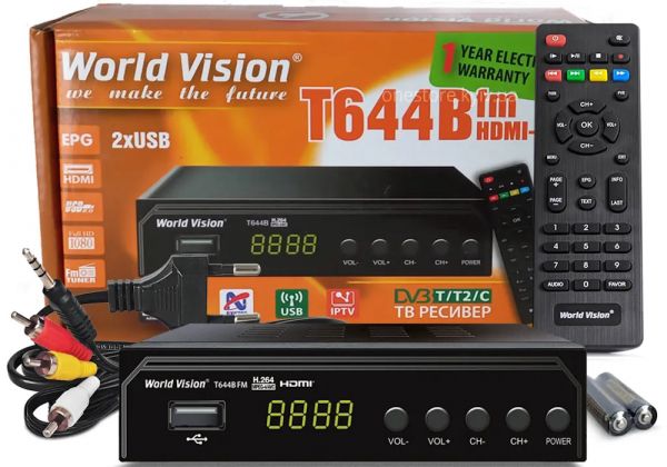 TV-   World Vision T644B, Black, H.265, AC3, DolbyDigital, DVB-T2/T/C, FM , IPTV, DLNA, Stalker, 7 , , 2USB,  ,      ,   , CPU-GX6706 -  1