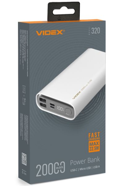    20000 mAh, Videx VPB-320, White, 22.5 , 1xType-C (PD3.0) / 2xUSB (QC3.0),  LED  (VPB-320-W) -  1