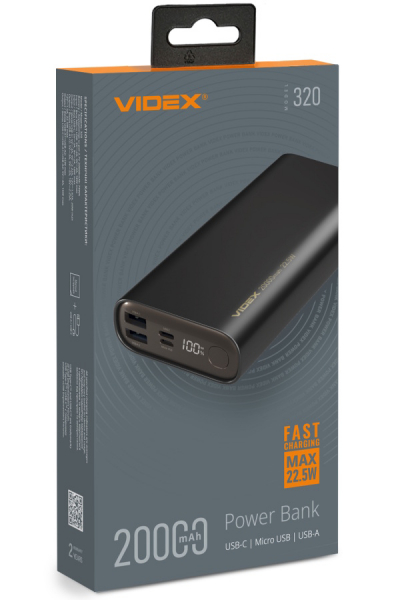    20000 mAh, Videx VPB-320, Black, 22.5 , 1xType-C (PD3.0) / 2xUSB (QC3.0),  LED  (VPB-320-B) -  1