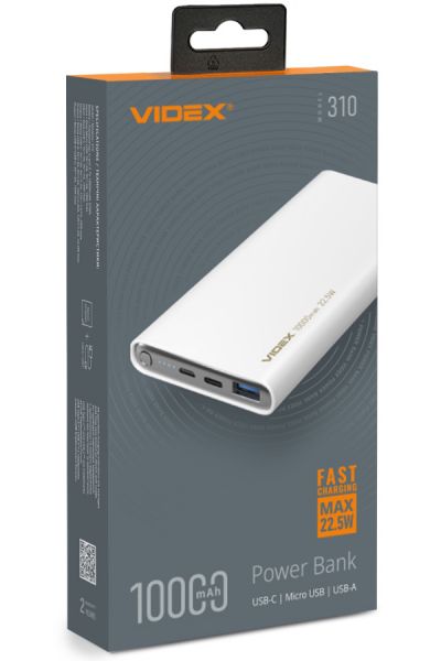    10000 mAh, Videx VPB-310, White, 22.5 , 1xType-C (PD3.0) / 1xUSB (QC3.0), LED   (VPB-310-W) -  1