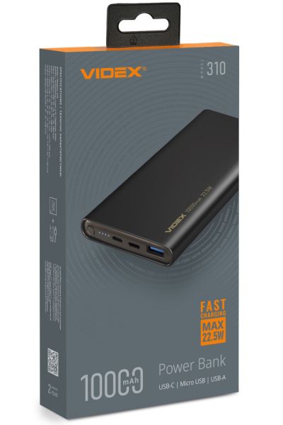    10000 mAh, Videx VPB-310, Black, 22.5 , 1xType-C (PD3.0) / 1xUSB (QC3.0), LED   (VPB-310-B) -  1