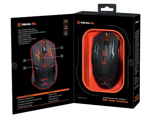  REAL-EL RM-520 Gaming, Black, USB, , 800/1200/1600/2400 dpi, 5 , 1,5 , LED  -  3