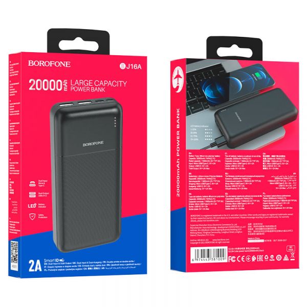    20000 mAh, Borofone BJ16A "Cube", Black, 2xUSB / Type-C, LED    -  5