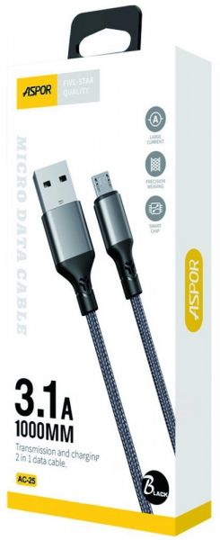  USB - micro USB 1  Aspor Black, 3.1A (AC-25) -  1