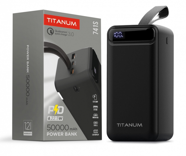    50000 mAh, Titanum 741S, Black, 22.5 , 2xUSB / Type-C, QC 3.0, PD, LED  (TPB-741S-B) -  4