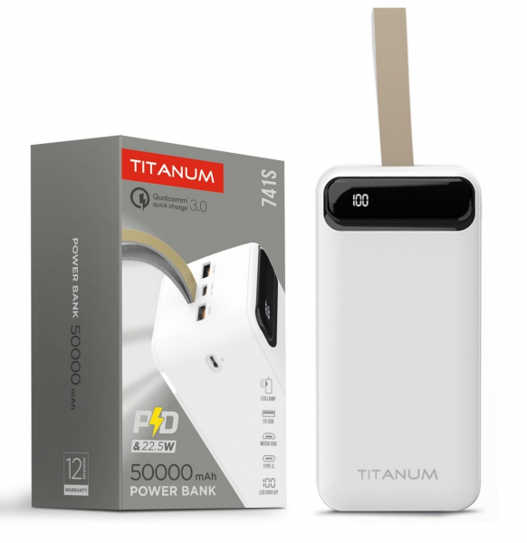    50000 mAh, Titanum 741S, White, 22.5 , 2xUSB / Type-C, QC 3.0, PD, LED  (TPB-741S-W) -  5