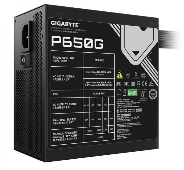   650 , Gigabyte P650G, Black, 80+ Gold, 120  HYB, 3xMolex / 6xSATA / 4x6+2-pin / 2x4+4-pin / 1x20+4-pin,  OVP/OPP/SCP/UVP/OCP/OTP (GP-P650G) -  4