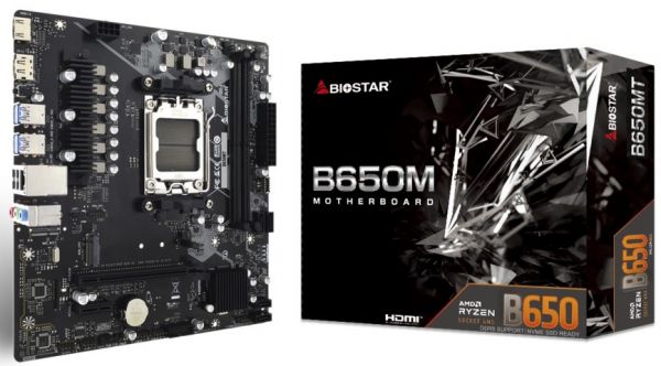   AM5 Biostar B650MT, B650, 2xDDR5, Int.Video (CPU), 4xSATA3, 1xM.2, 1xPCI-E 4.0 x16, 1xPCI-E 3.0 x1, ALC897, RTL8111H, 6xUSB3.2/6xUSB2.0, HDMI/DP, MicroATX -  1