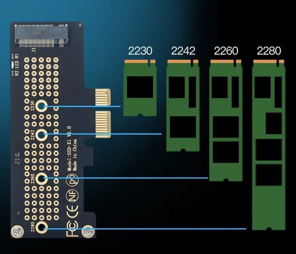 - Fenvi SSD-X1  , PCI-E X1,  1 x SSD M.2 ( M, NVMe),  : 2230/2242/2260/2280/ (PCI-Ex1- M.2 M-key), heat sink -  3