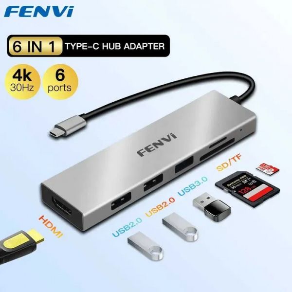 - Fenvi 6--1 F-C601H, Grey, Type-C: 1xHDMI 4K 30Hz, 1xUSB 3.0 5Gbps, 2xUSB 2.0 480Mbps, 2xCardReader: SD 25Mb/s, TF 25Mb/s,   -  2