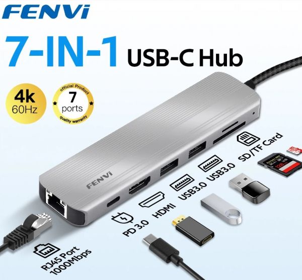 - Fenvi 7--1 F-C7205H, Grey, Type-C: 1xHDMI 4K 60Hz, 2xUSB 3.0 5Gbps, 2xCardReader: SD 25Mb/s, TF 25Mb/s, RG45 1000M, Type-C PD PD3.0/100W,   -  2