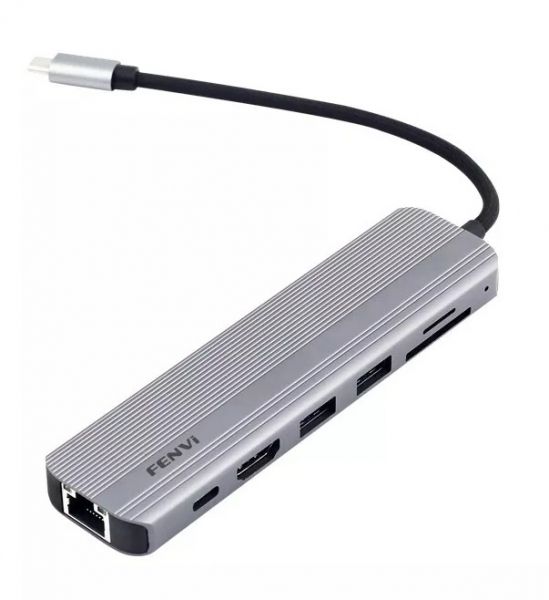 - Fenvi 7--1 F-C7205H, Grey, Type-C: 1xHDMI 4K 60Hz, 2xUSB 3.0 5Gbps, 2xCardReader: SD 25Mb/s, TF 25Mb/s, RG45 1000M, Type-C PD PD3.0/100W,    -  1