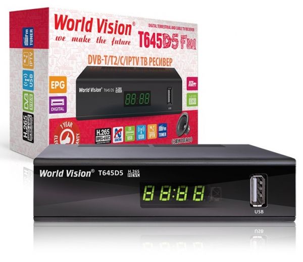 TV-   World Vision 645D5 FM, Black, H.265, AC3. DolbyDigital, DVB-T2/T/C, FM , IPTV, DLNA, Stalker,  , , 2USB,   , CPU-GX6706       644xx  645 -  3