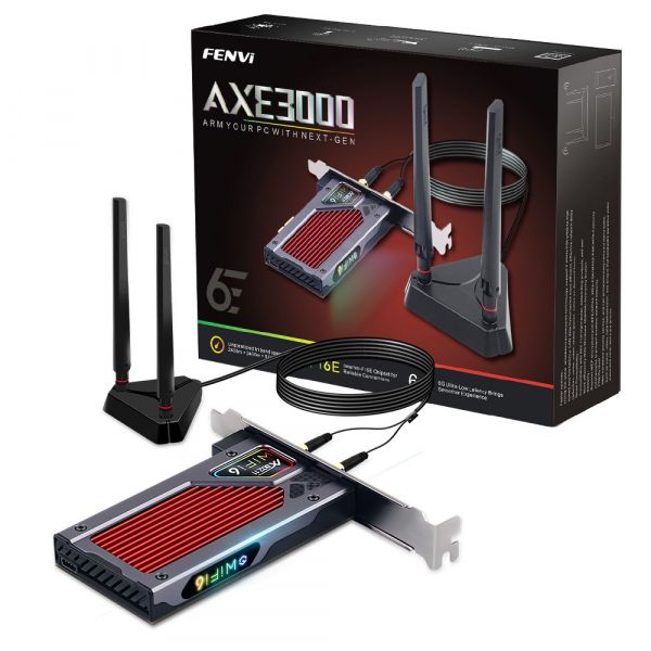   PCI-E Fenvi FV-AXE3000RGB Gaming (Intel AX210), PCI-E x1, WiFi 6E 802.11ax/ac/a/b/g/n 2.4Ghz-574Mbps/5Ghz-2400Mbps/6Ghz-2400Mbps (5734Mbps), Bluetooth 5.3, 2  , RGB , heat sink -  3