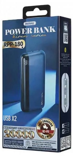    20000 mAh, Remax "Kiren", Dark Blue, 22.5 , 1xType-C (PD 3.0) / 2xUSB (QC 3.0),  LED  (RPP-180) -  3